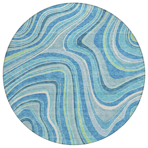 8' Navy Blue And Denim Blue Round Abstract Washable Indoor Outdoor Area Rug