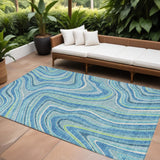 8' X 10' Navy Blue And Denim Blue Abstract Washable Indoor Outdoor Area Rug