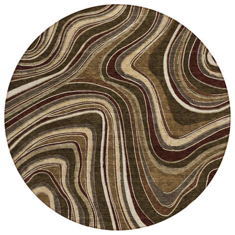 8' Brown And Ivory Round Abstract Washable Indoor Outdoor Area Rug