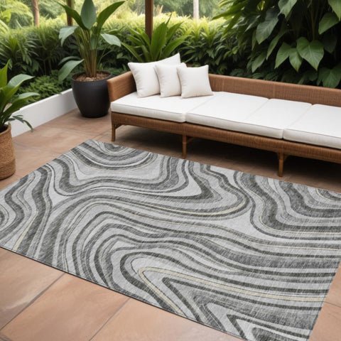 8' X 10' Gray Charcoal And Ivory Abstract Washable Indoor Outdoor Area Rug