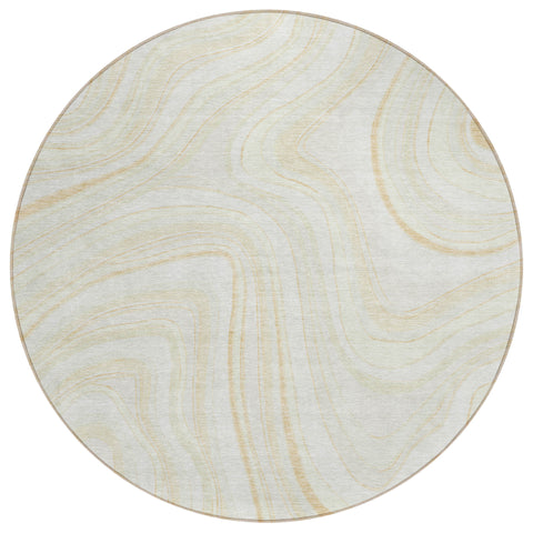 8' Ivory Beige And Tan Round Abstract Washable Indoor Outdoor Area Rug