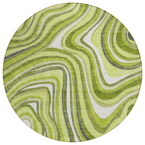 8' Lime Green And Charcoal Round Abstract Washable Indoor Outdoor Area Rug
