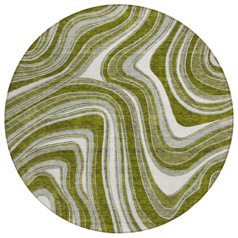 8' Olive Green Gray And Ivory Round Abstract Washable Indoor Outdoor Area Rug