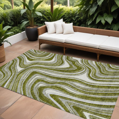 8' X 10' Olive Green Gray And Ivory Abstract Washable Indoor Outdoor Area Rug
