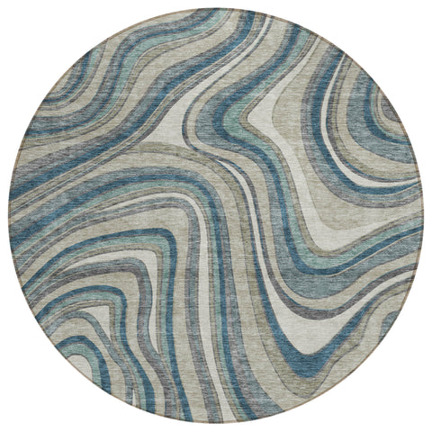 8' Teal Blue Gray And Taupe Round Abstract Washable Indoor Outdoor Area Rug