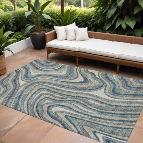 8' X 10' Teal Blue Gray And Taupe Abstract Washable Indoor Outdoor Area Rug