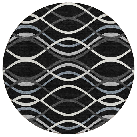 8' Black Gray And Ivory Round Abstract Washable Indoor Outdoor Area Rug