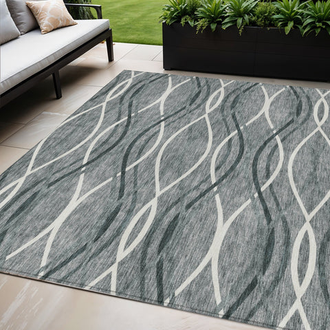 5' X 8' Gray Ivory And Charcoal Abstract Washable Indoor Outdoor Area Rug
