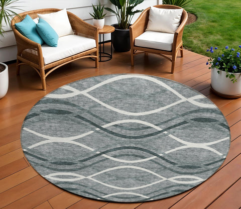 8' Gray Ivory And Charcoal Round Abstract Washable Indoor Outdoor Area Rug