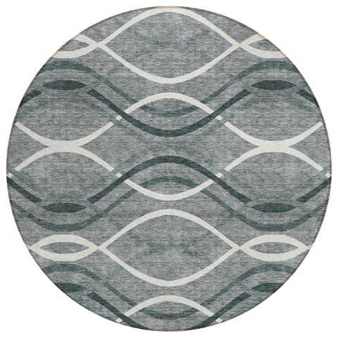 8' Gray Ivory And Charcoal Round Abstract Washable Indoor Outdoor Area Rug