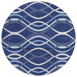 8' Navy Blue And Denim Blue Round Abstract Washable Indoor Outdoor Area Rug