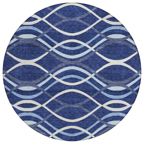 8' Navy Blue And Denim Blue Round Abstract Washable Indoor Outdoor Area Rug