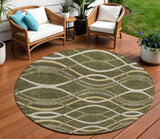 8' Olive Green Fern Green And Ivory Round Abstract Washable Indoor Outdoor Area Rug