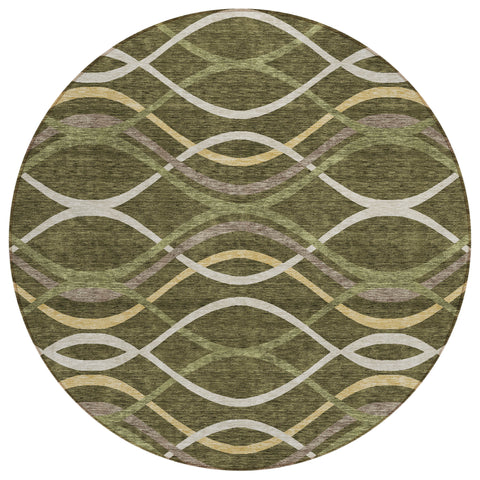8' Olive Green Fern Green And Ivory Round Abstract Washable Indoor Outdoor Area Rug