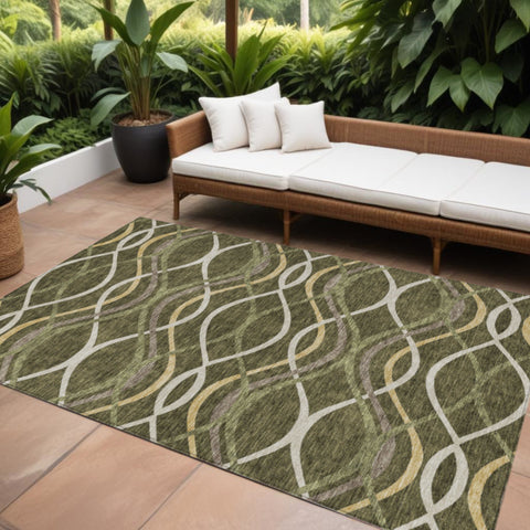 8' X 10' Olive Green Fern Green And Ivory Abstract Washable Indoor Outdoor Area Rug