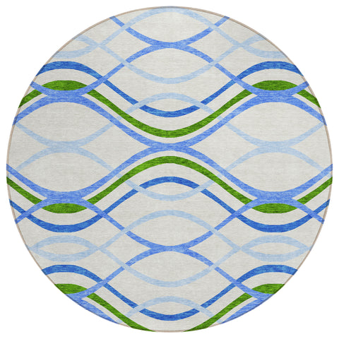 8' Sky Blue And Beige Round Abstract Washable Indoor Outdoor Area Rug