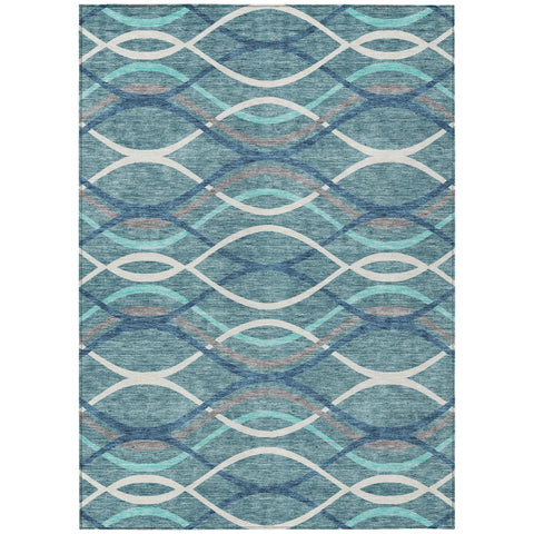 5' X 8' Teal Blue Navy Blue And Gray Abstract Washable Indoor Outdoor Area Rug
