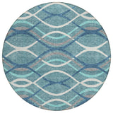 8' Teal Blue Navy Blue And Gray Round Abstract Washable Indoor Outdoor Area Rug