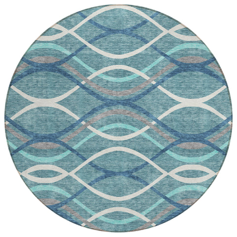 8' Teal Blue Navy Blue And Gray Round Abstract Washable Indoor Outdoor Area Rug