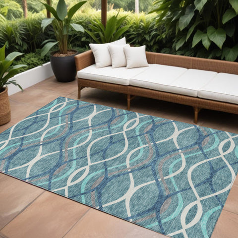 8' X 10' Teal Blue Navy Blue And Gray Abstract Washable Indoor Outdoor Area Rug