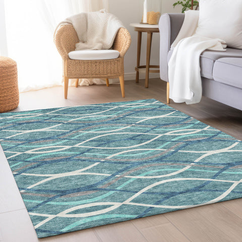 8' X 10' Teal Blue Navy Blue And Gray Abstract Washable Indoor Outdoor Area Rug