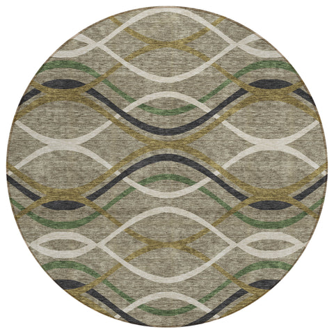 8' Taupe Beige And Charcoal Round Abstract Washable Indoor Outdoor Area Rug