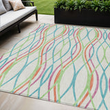 5' X 8' White Teal Blue And Lime Green Abstract Washable Indoor Outdoor Area Rug