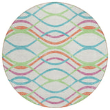 8' White Teal Blue And Lime Green Round Abstract Washable Indoor Outdoor Area Rug