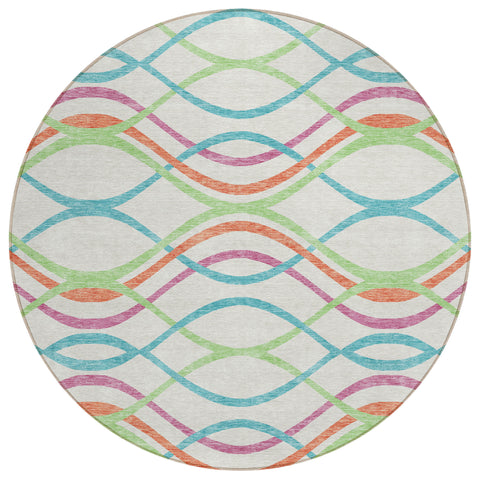 8' White Teal Blue And Lime Green Round Abstract Washable Indoor Outdoor Area Rug