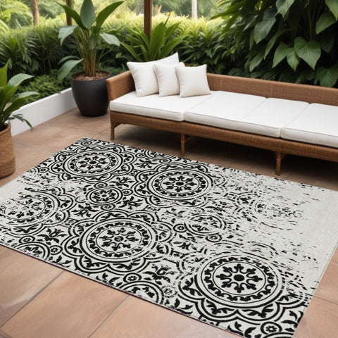 8' X 10' Black And Ivory Medallion Washable Indoor Outdoor Area Rug