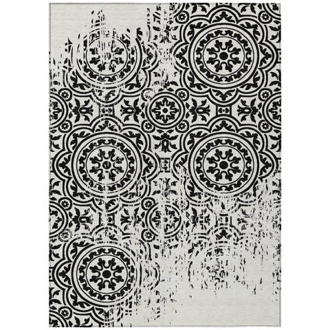 8' X 10' Black And Ivory Medallion Washable Indoor Outdoor Area Rug