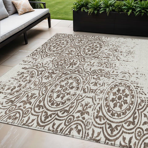 5' X 8' Chocolate And Ivory Medallion Washable Indoor Outdoor Area Rug