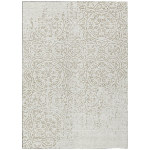 3' X 5' Ivory And Beige Medallion Washable Indoor Outdoor Area Rug