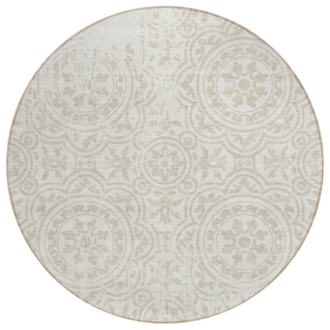 8' Ivory And Beige Round Medallion Washable Indoor Outdoor Area Rug