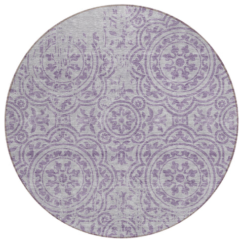 8' Lavender And Lilac Round Medallion Washable Indoor Outdoor Area Rug