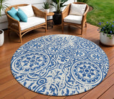 8' Navy Blue And Ivory Round Medallion Washable Indoor Outdoor Area Rug