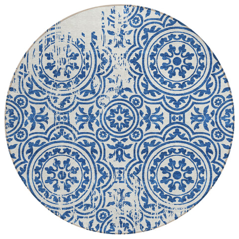 8' Navy Blue And Ivory Round Medallion Washable Indoor Outdoor Area Rug