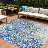 8' X 10' Navy Blue And Ivory Medallion Washable Indoor Outdoor Area Rug