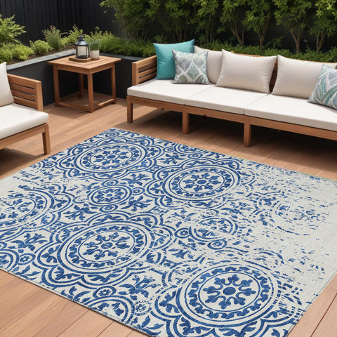 8' X 10' Navy Blue And Ivory Medallion Washable Indoor Outdoor Area Rug