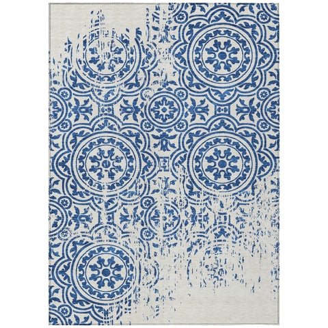 8' X 10' Navy Blue And Ivory Medallion Washable Indoor Outdoor Area Rug