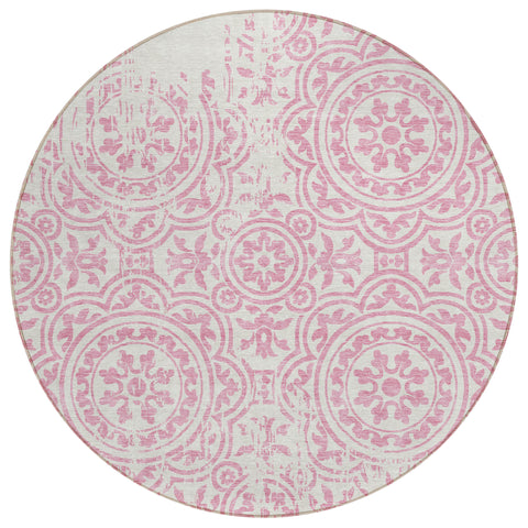8' Pink And Ivory Round Medallion Washable Indoor Outdoor Area Rug
