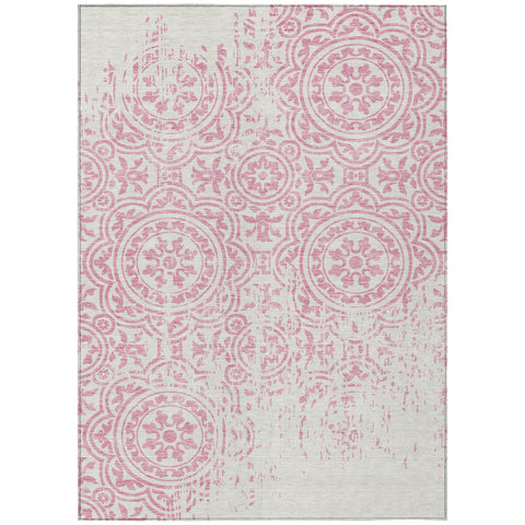 8' X 10' Pink And Ivory Medallion Washable Indoor Outdoor Area Rug