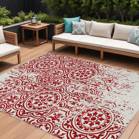 8' X 10' Red And Ivory Medallion Washable Indoor Outdoor Area Rug