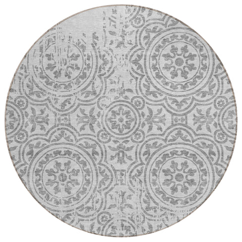 8' Silver And Gray Round Medallion Washable Indoor Outdoor Area Rug