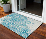 3' X 5' Teal Blue And Ivory Medallion Washable Indoor Outdoor Area Rug