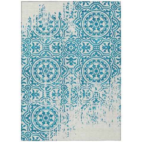 3' X 5' Teal Blue And Ivory Medallion Washable Indoor Outdoor Area Rug