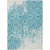 5' X 8' Teal Blue And Ivory Medallion Washable Indoor Outdoor Area Rug