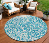 8' Teal Blue And Ivory Round Medallion Washable Indoor Outdoor Area Rug