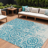 8' X 10' Teal Blue And Ivory Medallion Washable Indoor Outdoor Area Rug