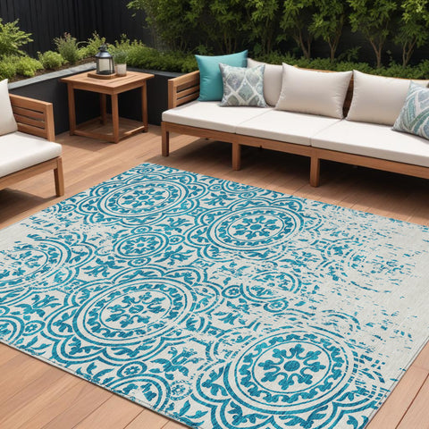 8' X 10' Teal Blue And Ivory Medallion Washable Indoor Outdoor Area Rug